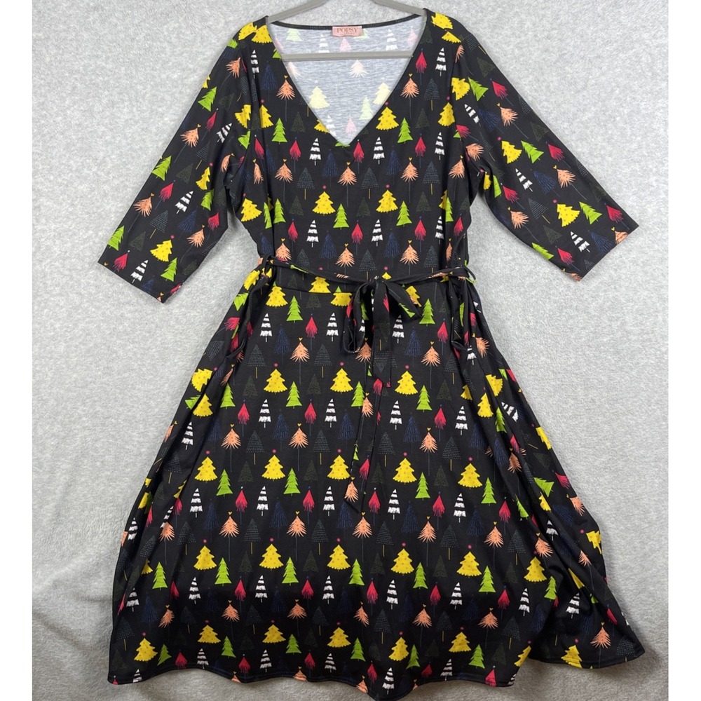 Popsy Christmas‎ Tree Print A-Line Dress Black Womens 22 US 18 Festive Holiday